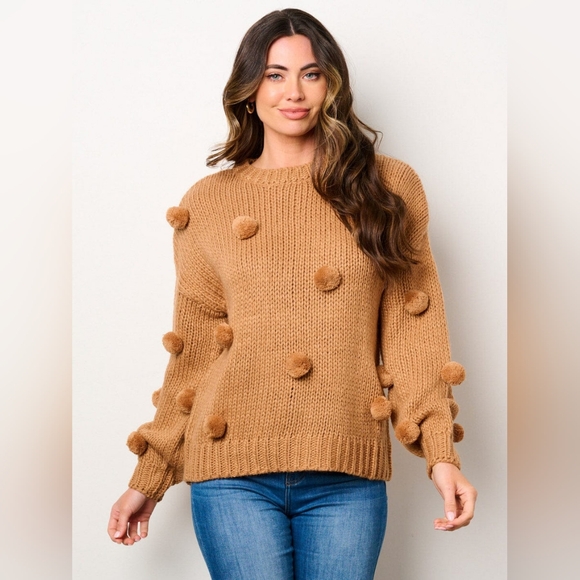 SALE! 008. WOMEN'S LONG SLEEVE POM POM'S DETAILED PULLOVER SWEATER - Picture 1 of 3